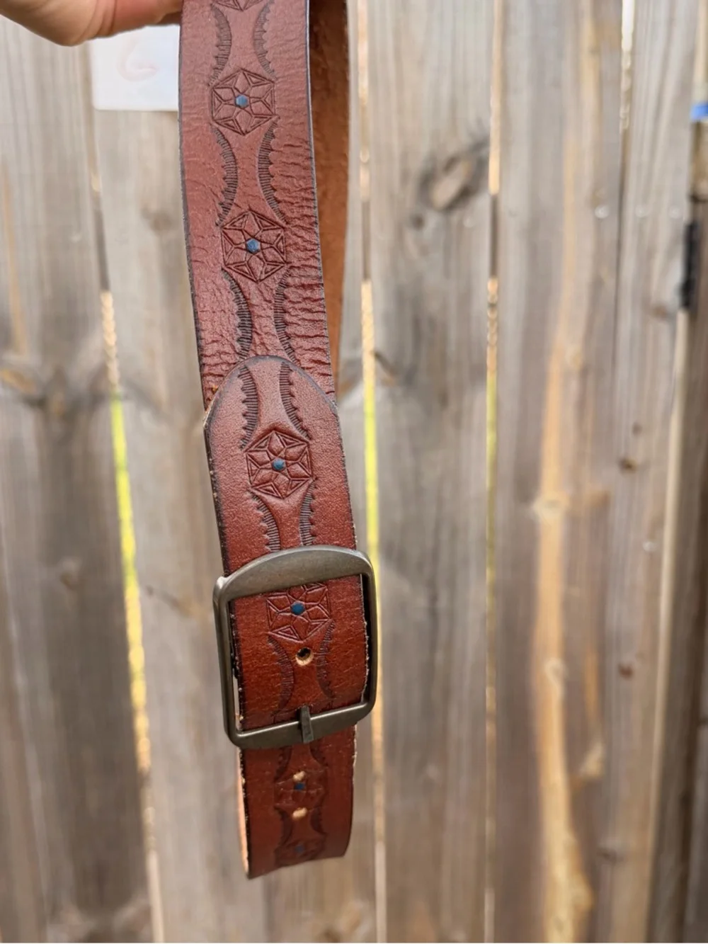 Vintage Embossed Brown Leather Belt Size 32